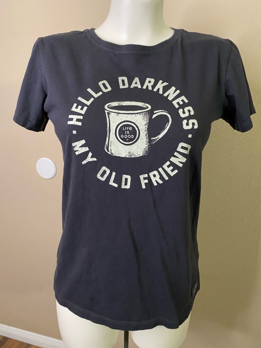 Life Is Good Black Tee with White hello darkness graphics S
